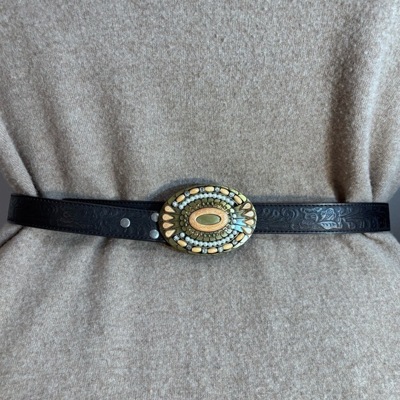 BC BELT Sz XL Black Belt Ornate Beaded Buckle 3” x 4” Tooled Part 47” x 1.25” - Picture 1 of 7
